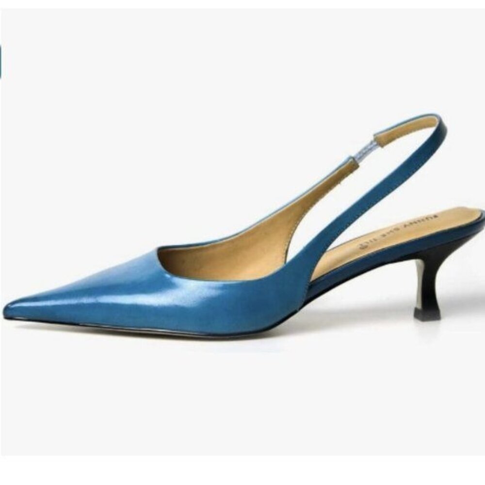 FSJ Women's Mid Kitten Heel Slingback Sandal Pointy Toe Sexy Pumps Shoes Blue